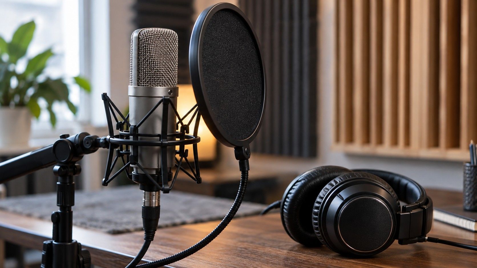 Headphones and a microphone beside a vocal editing workstation