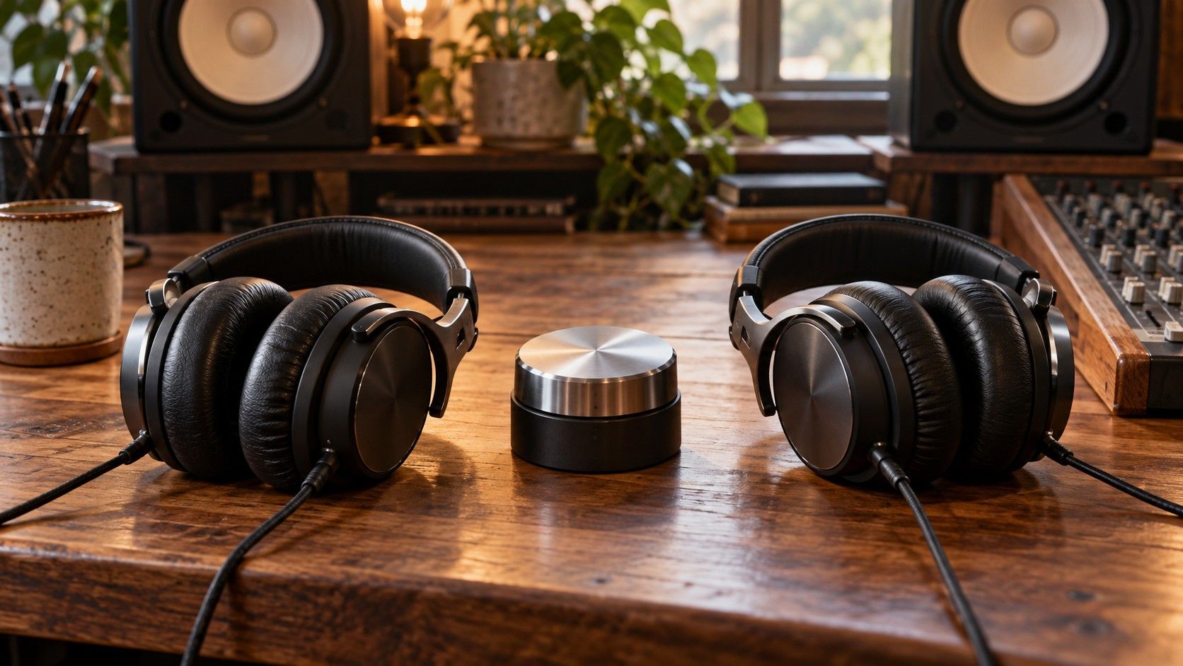 Two headphones beside an audio comparison workstation