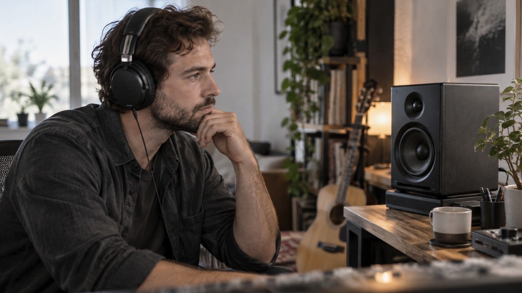 Headphones and speakers arranged for a music listening check