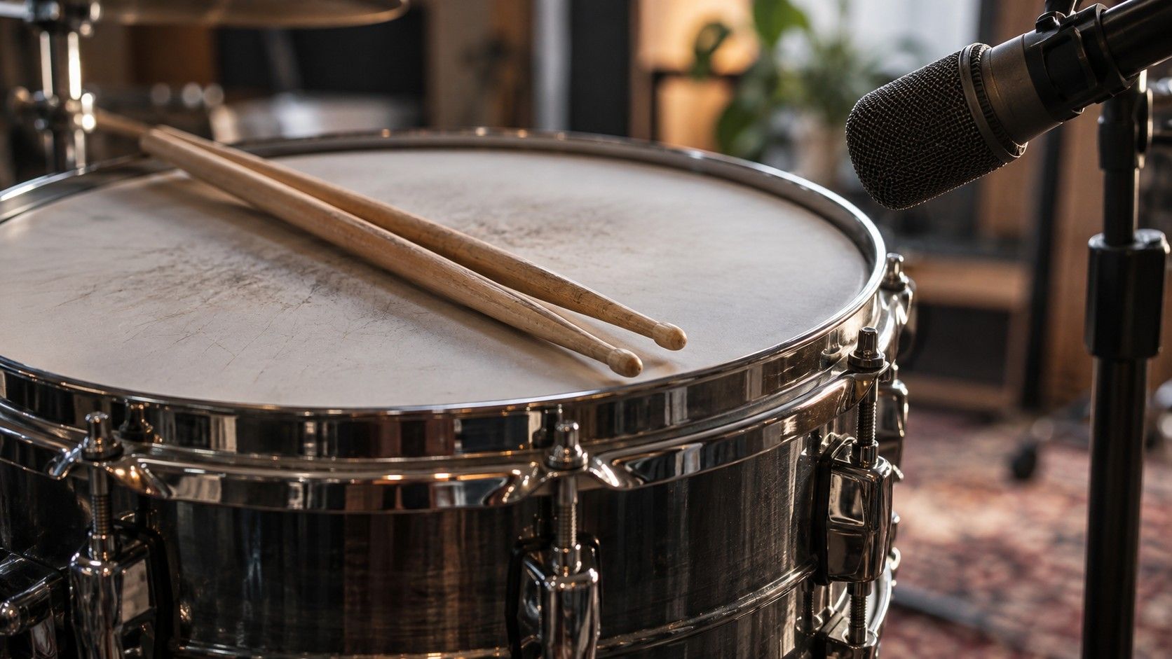 A drumstick and headphones beside an audio editing desk