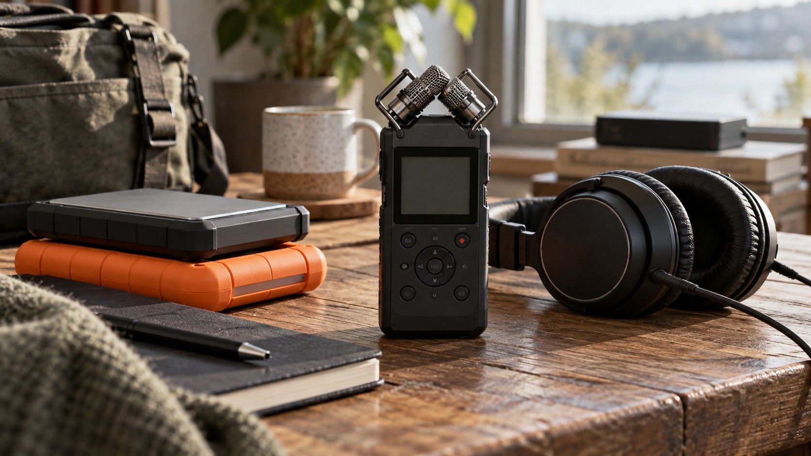 A portable audio recorder and storage drive on a studio desk