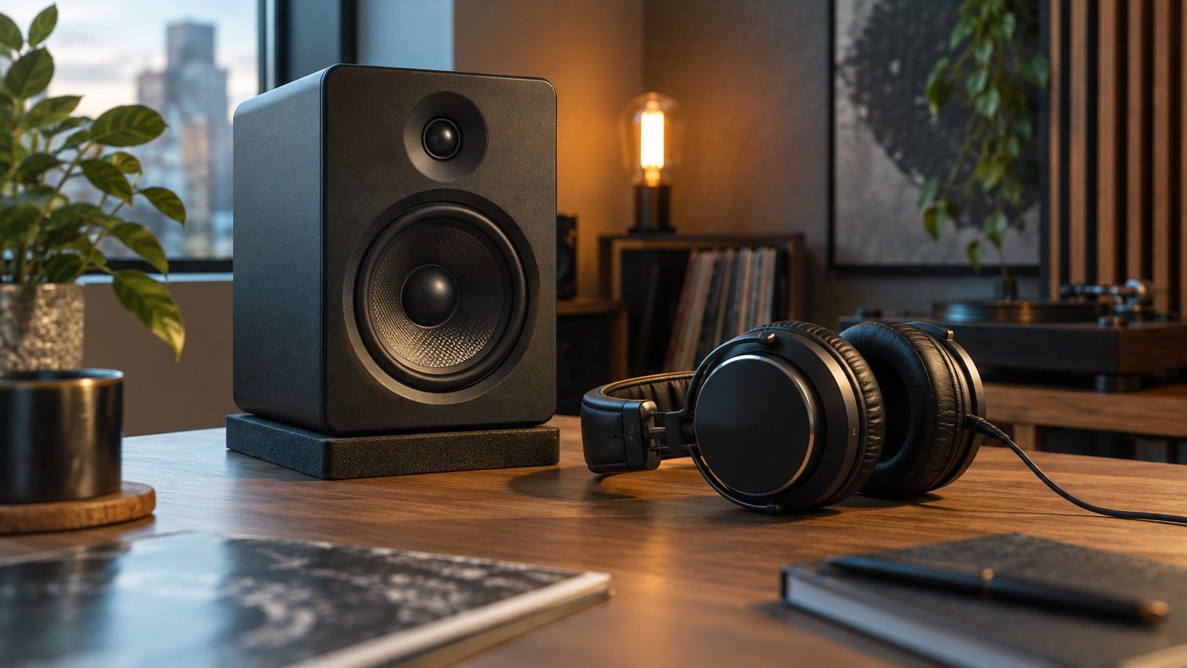 Audio workstation beside studio headphones