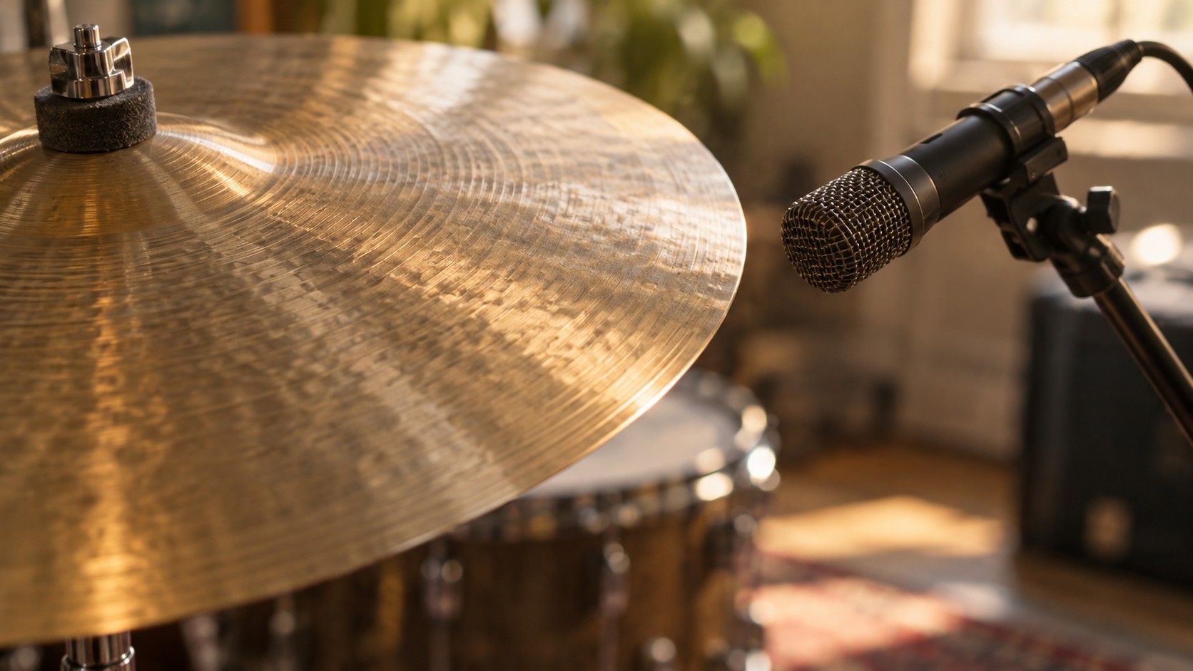 Cymbal and microphone in a quiet recording studio