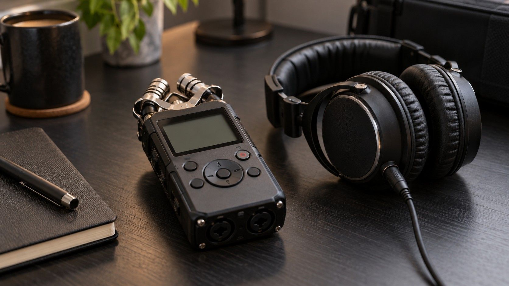 External drive and headphones beside an audio workstation
